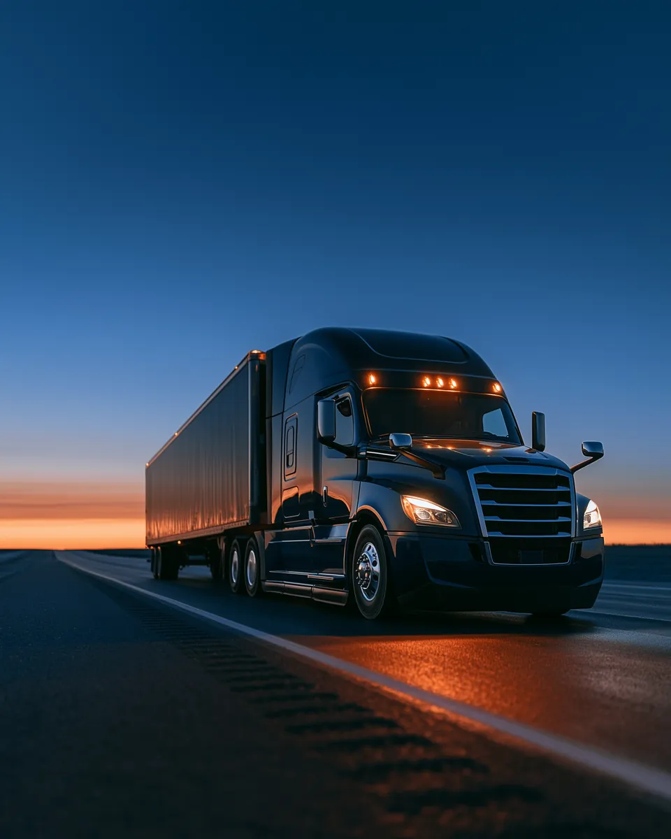 A tractor-trailer running an open highway at dusk.